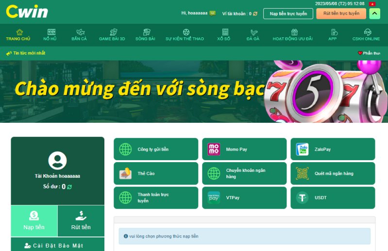 Hướng dẫn nạp tiền Cwin